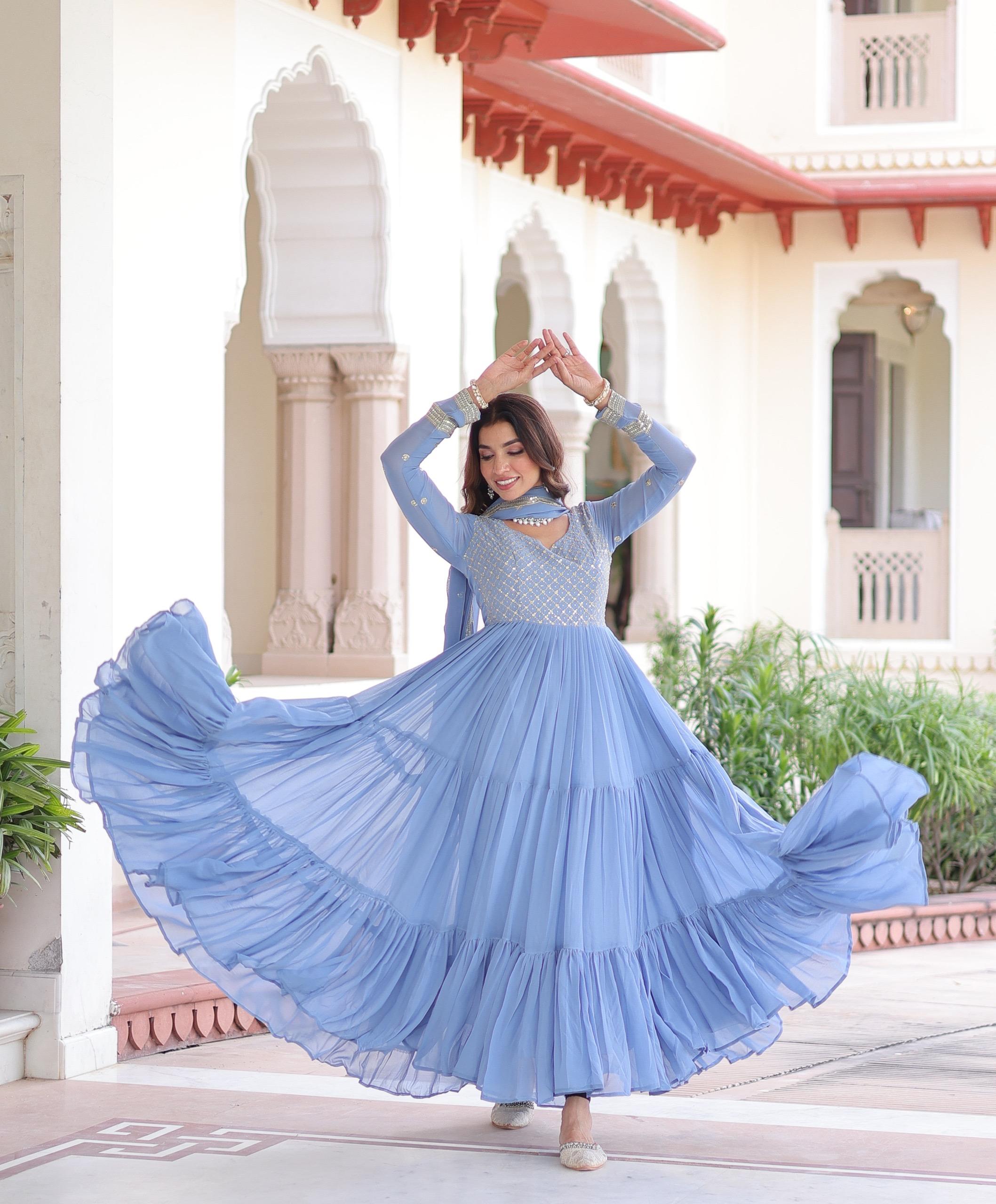 Prazu Fashion Sky Blue Faux Georgette With Sequins & Zari Embroidered Gown With Dupatta - Distacart