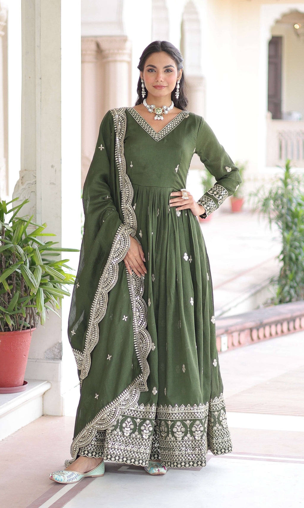 Vedant Vastram Vichitra Silk Embroidery & Sequence Work Stitched Ethnic Gown-Green - Distacart