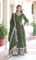 Vedant Vastram Vichitra Silk Embroidery & Sequence Work Stitched Ethnic Gown-Green - Distacart