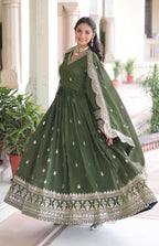 Vedant Vastram Vichitra Silk Embroidery & Sequence Work Stitched Ethnic Gown-Green - Distacart