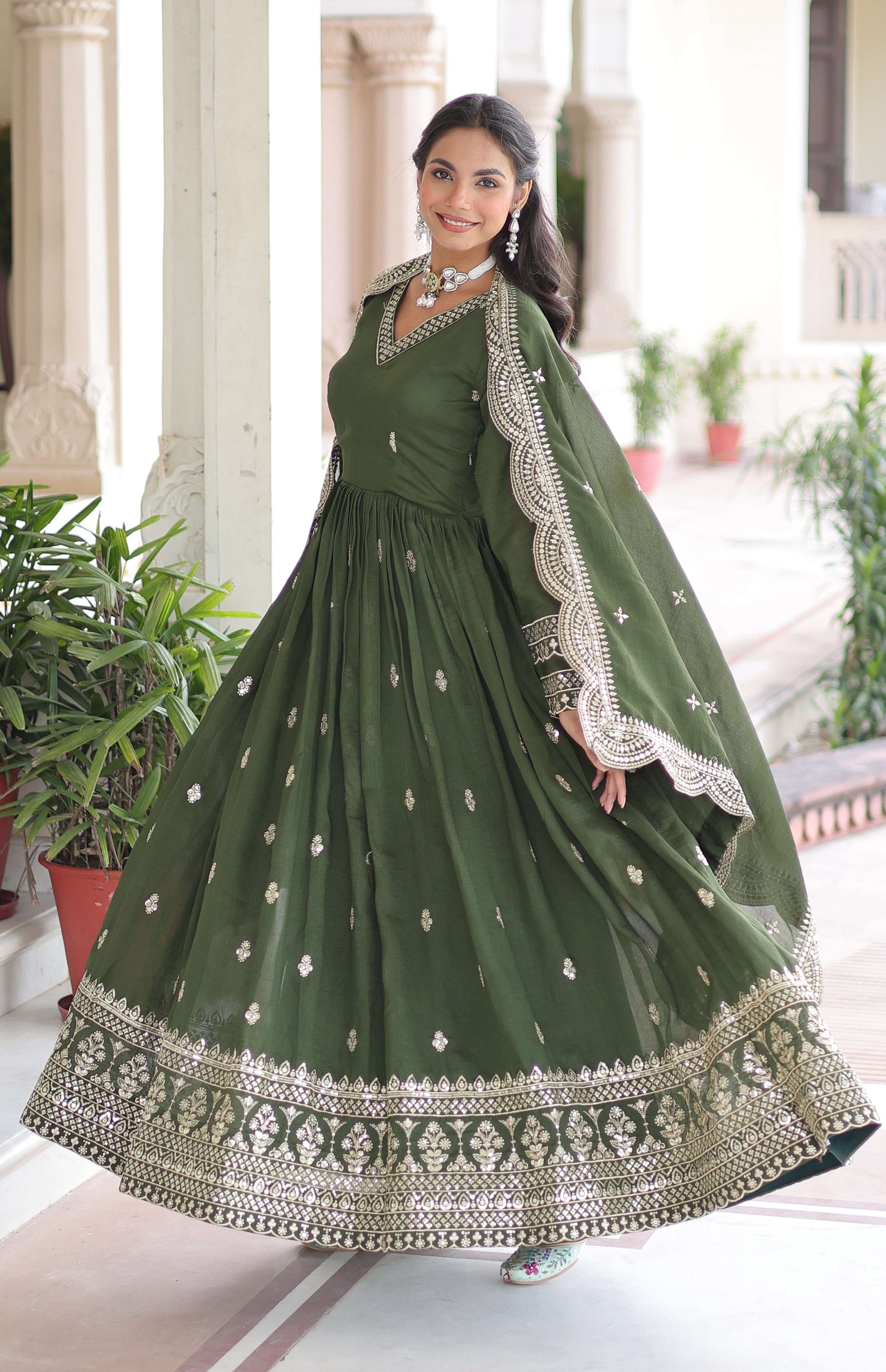 Vedant Vastram Vichitra Silk Embroidery & Sequence Work Stitched Ethnic Gown-Green - Distacart