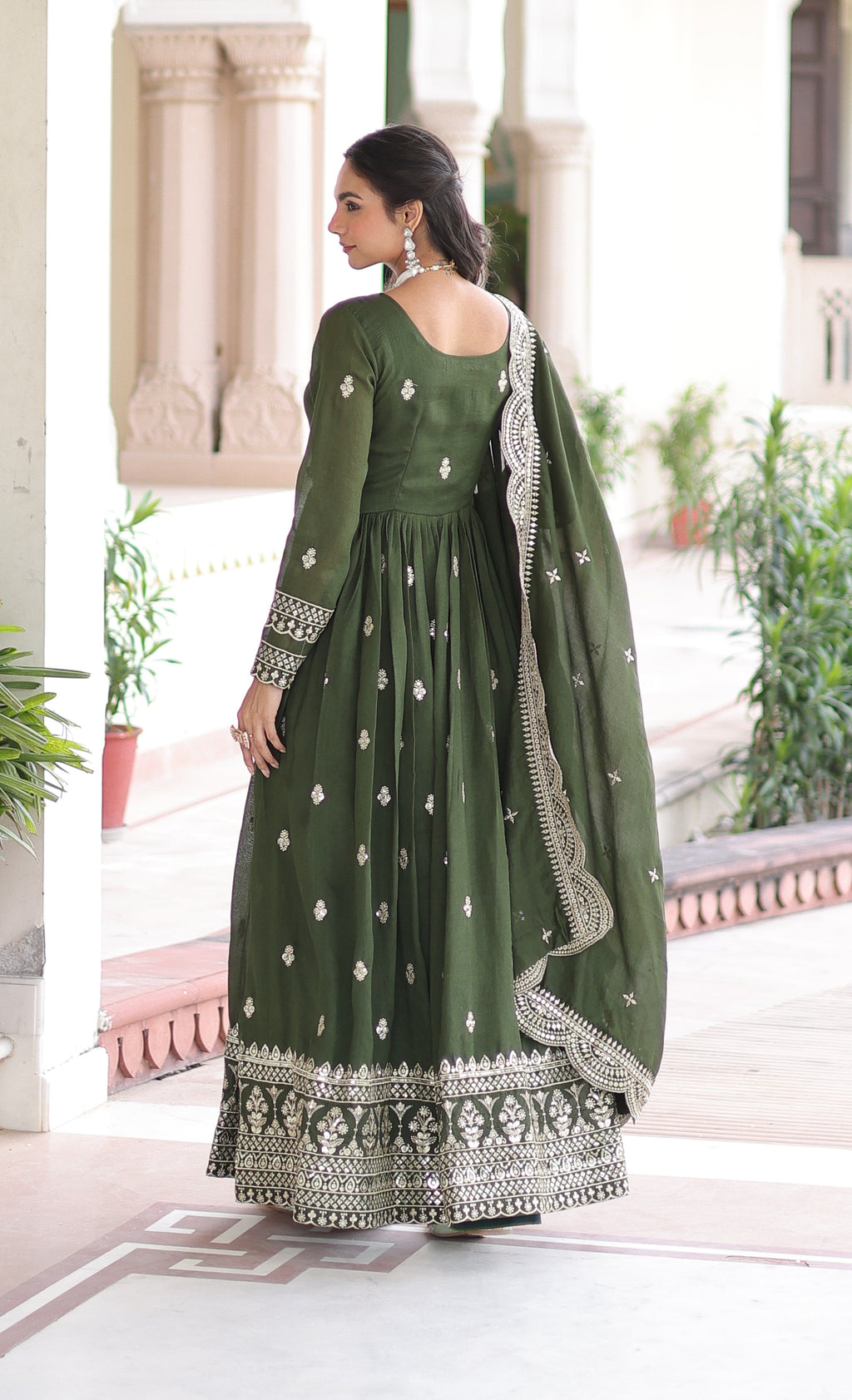 Vedant Vastram Vichitra Silk Embroidery & Sequence Work Stitched Ethnic Gown-Green - Distacart
