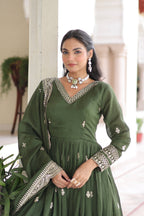 Vedant Vastram Vichitra Silk Embroidery & Sequence Work Stitched Ethnic Gown-Green - Distacart