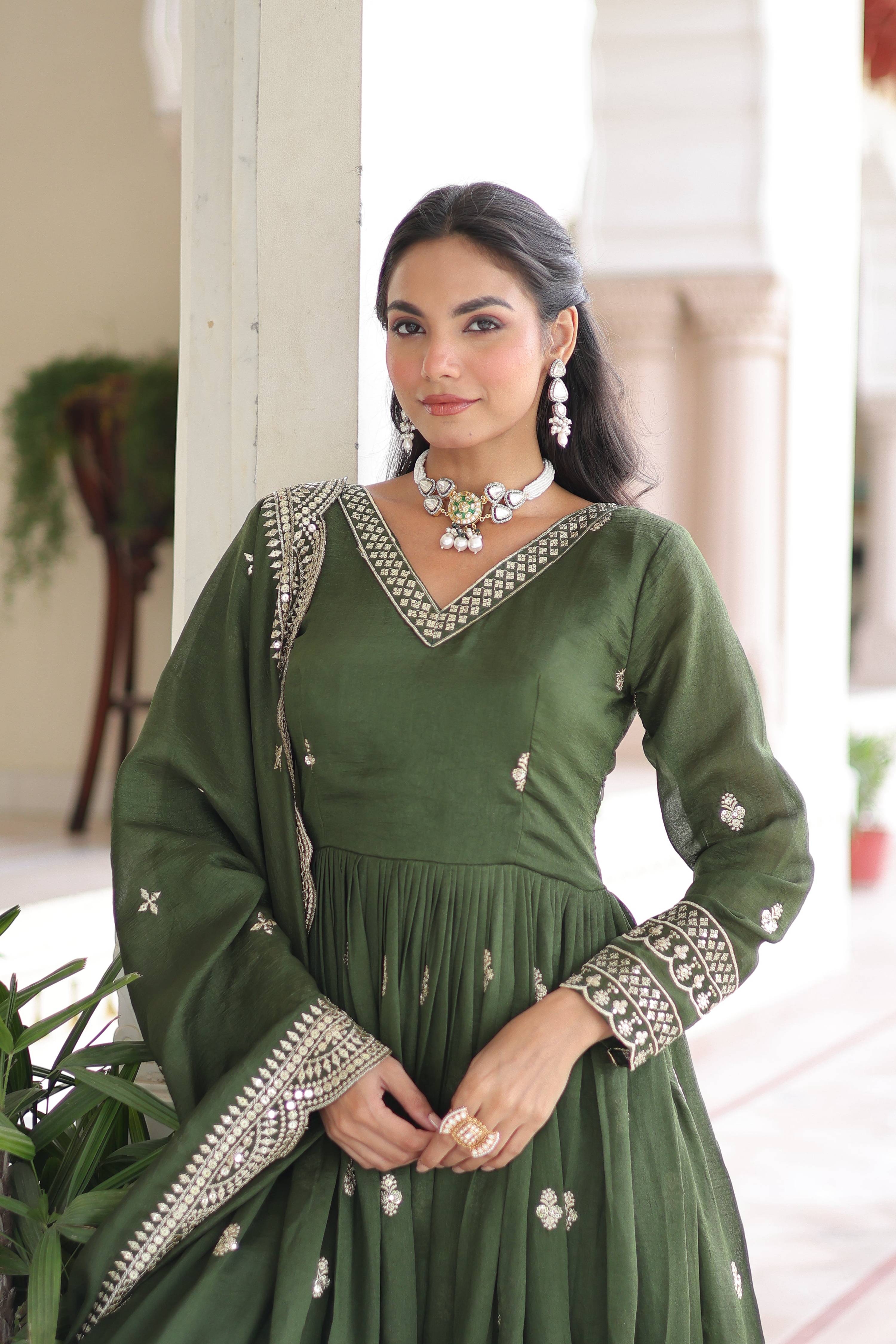 Vedant Vastram Vichitra Silk Embroidery & Sequence Work Stitched Ethnic Gown-Green - Distacart