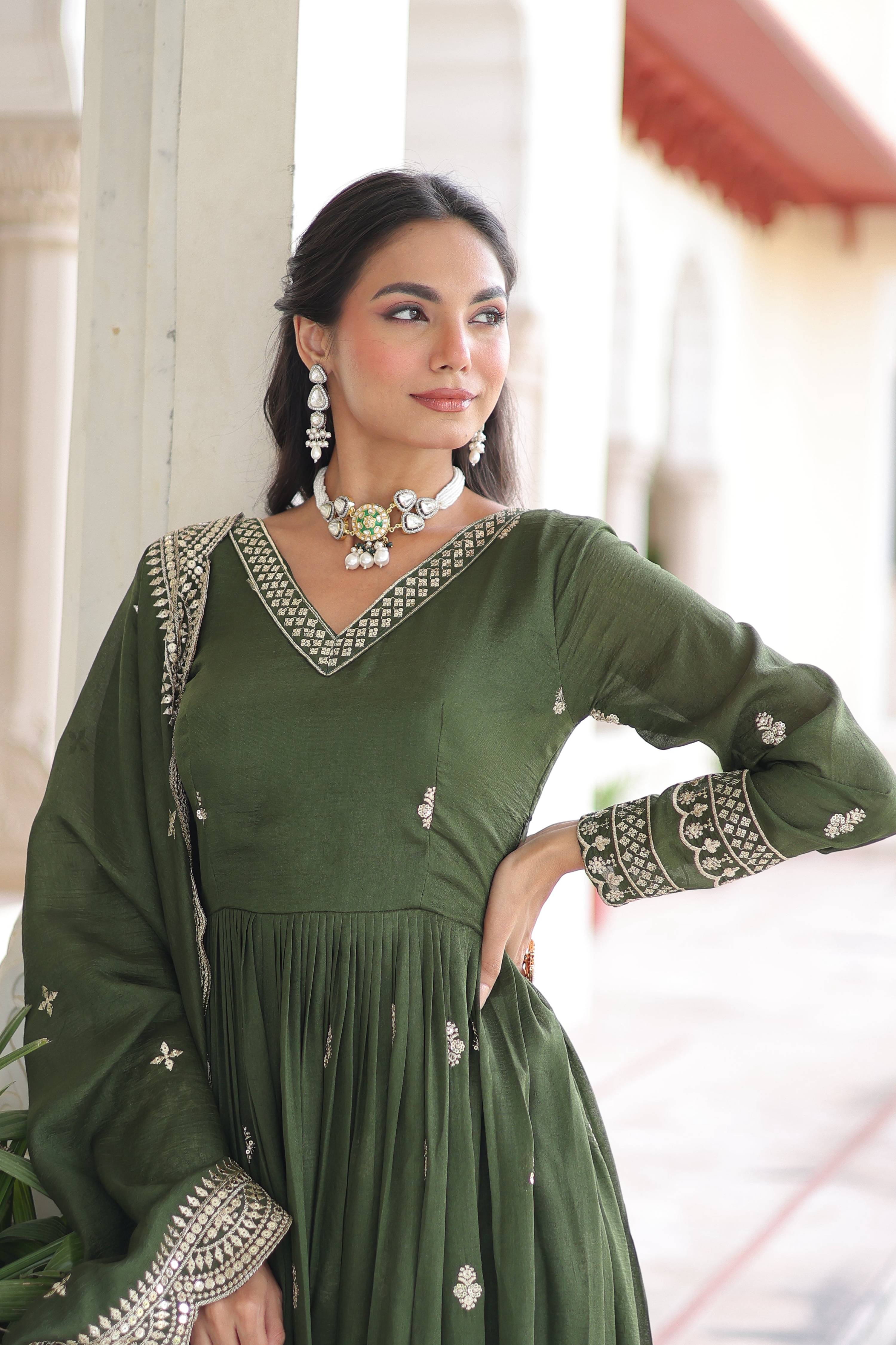 Vedant Vastram Vichitra Silk Embroidery & Sequence Work Stitched Ethnic Gown-Green - Distacart