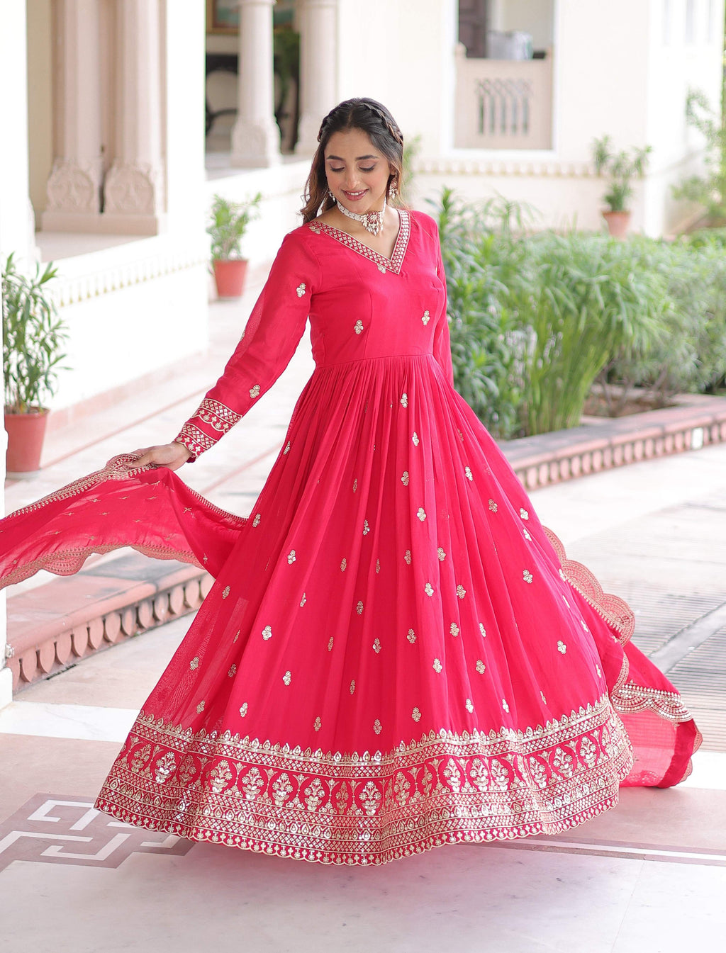 Vedant Vastram Vichitra Silk Embroidery & Sequence Work Stitched Ethnic Gown-Pink - Distacart