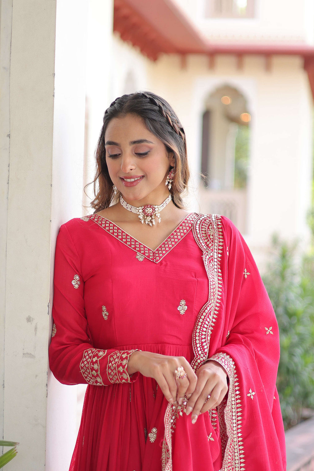Vedant Vastram Vichitra Silk Embroidery & Sequence Work Stitched Ethnic Gown-Pink - Distacart