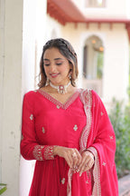 Vedant Vastram Vichitra Silk Embroidery & Sequence Work Stitched Ethnic Gown-Pink - Distacart