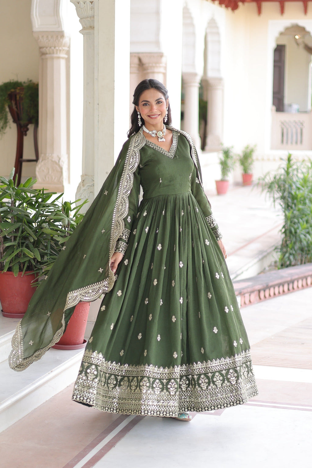 Prazu Fashion Mehendi Vichitra Silk Rich Sequins & Zari Embroidered Gown With Dupatta - Distacart
