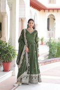 Prazu Fashion Mehendi Vichitra Silk Rich Sequins & Zari Embroidered Gown With Dupatta - Distacart