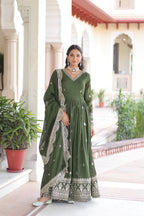 Prazu Fashion Mehendi Vichitra Silk Rich Sequins & Zari Embroidered Gown With Dupatta - Distacart