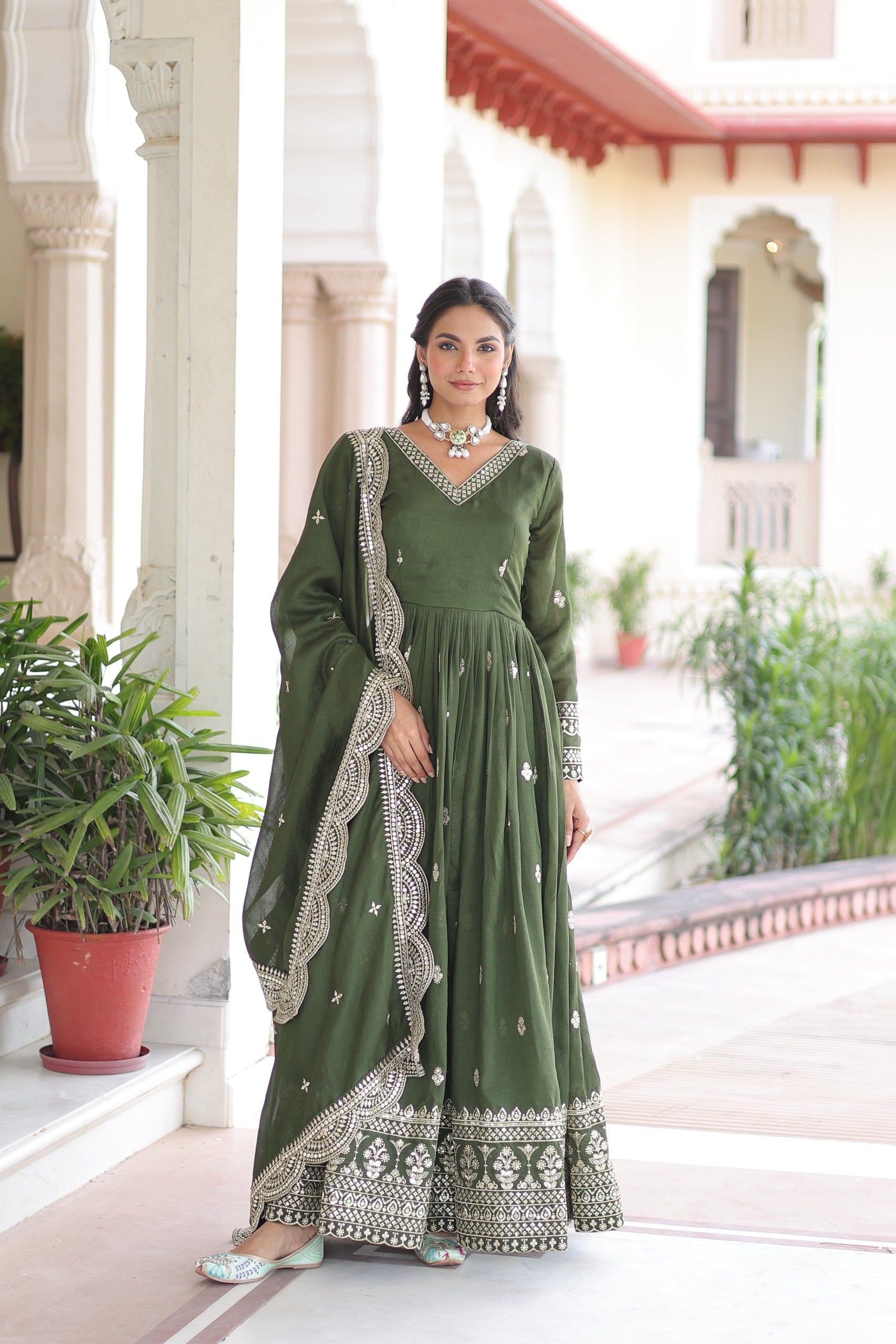Prazu Fashion Mehendi Vichitra Silk Rich Sequins & Zari Embroidered Gown With Dupatta - Distacart