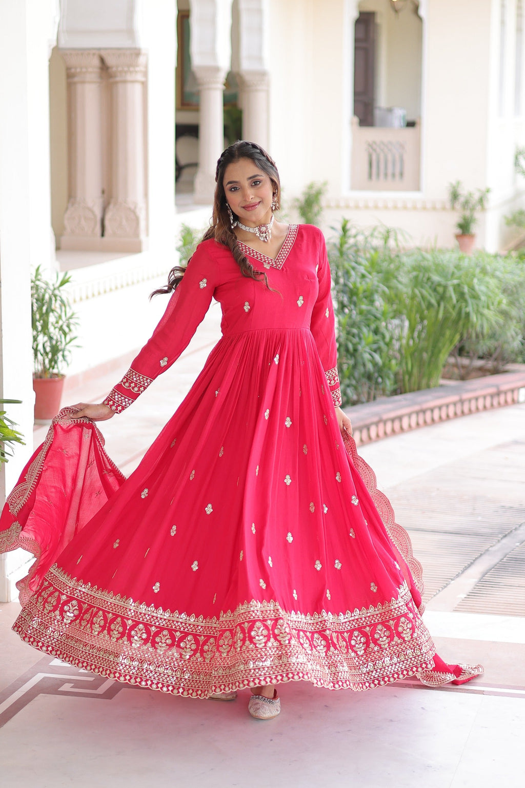 Prazu Fashion Rani Pink Vichitra Silk Rich Sequins & Zari Embroidered Gown With Dupatta - Distacart