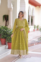 Lehenga Mart Premium Readymade Gown With Dupatta Set For Women-Mehendi Green - Distacart