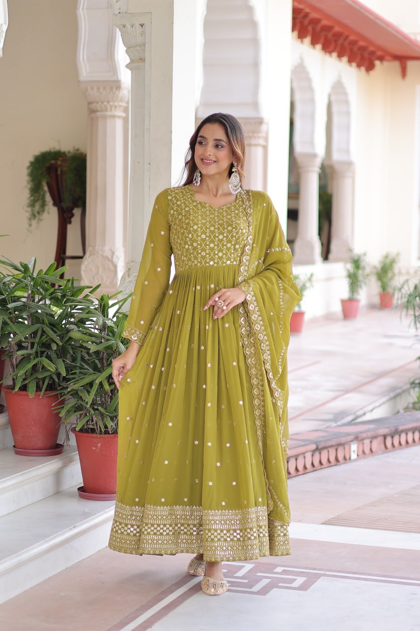 Lehenga Mart Premium Readymade Gown With Dupatta Set For Women-Mehendi Green - Distacart