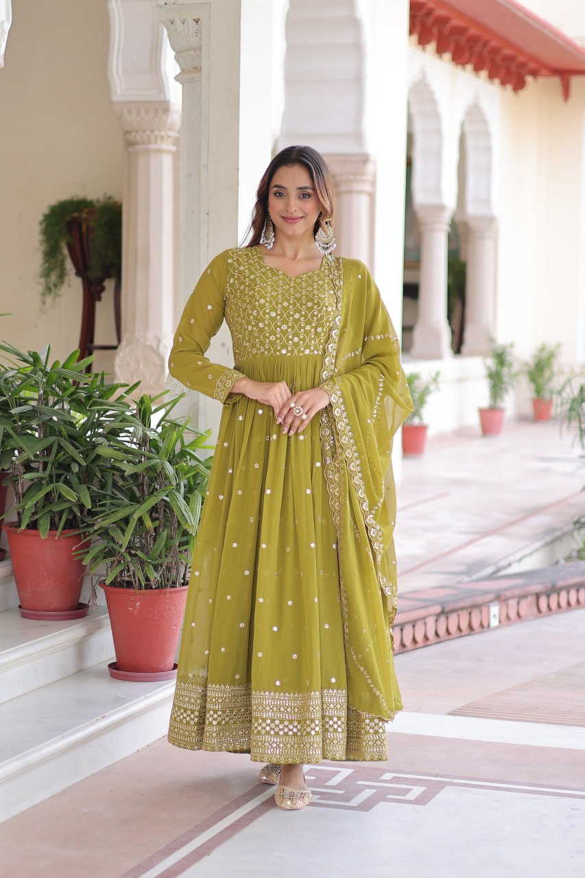 Lehenga Mart Premium Readymade Gown With Dupatta Set For Women-Mehendi Green - Distacart