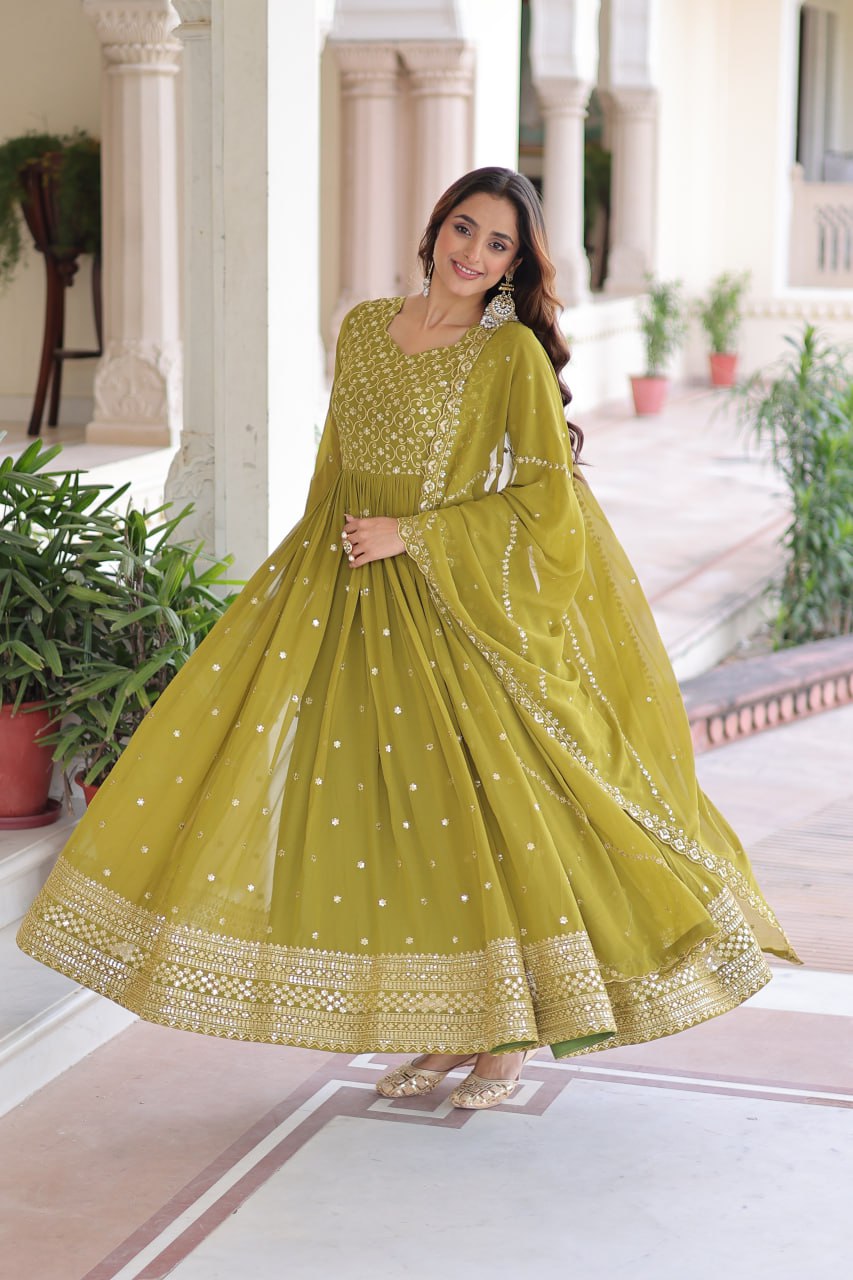 Lehenga Mart Premium Readymade Gown With Dupatta Set For Women-Mehendi Green - Distacart