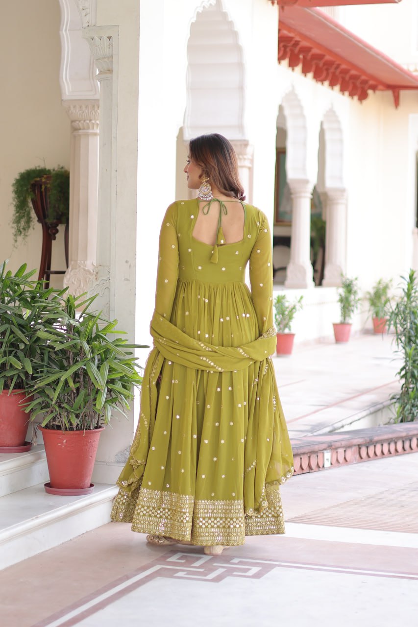 Lehenga Mart Premium Readymade Gown With Dupatta Set For Women-Mehendi Green - Distacart