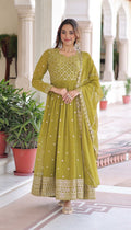 Vedant Vastram Georgette Embroidery & Sequence Work Stitched Ethnic Gown-Parrot Green - Distacart