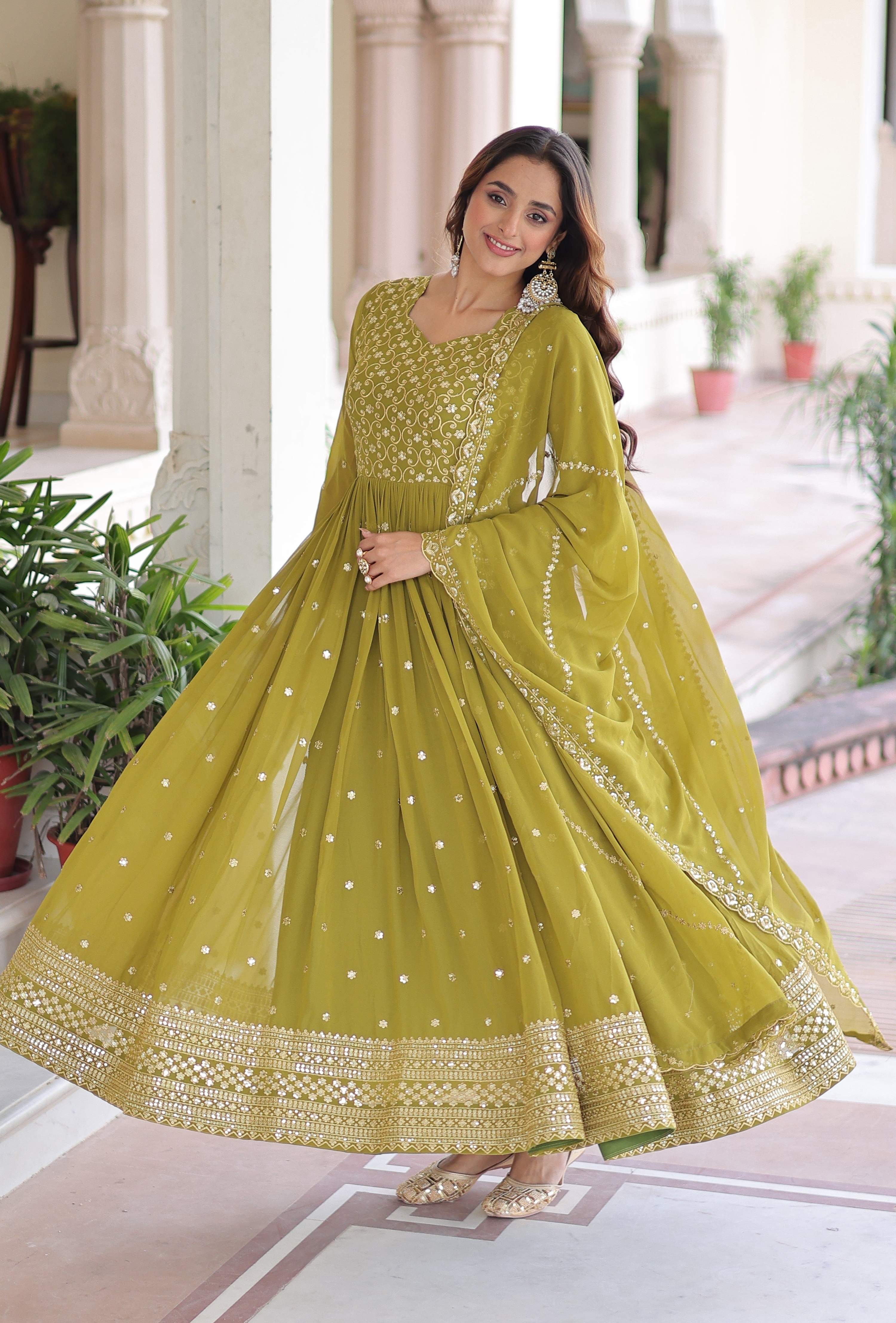 Vedant Vastram Georgette Embroidery & Sequence Work Stitched Ethnic Gown-Parrot Green - Distacart