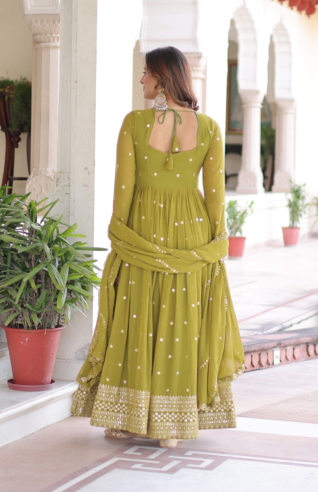 Vedant Vastram Georgette Embroidery & Sequence Work Stitched Ethnic Gown-Parrot Green - Distacart