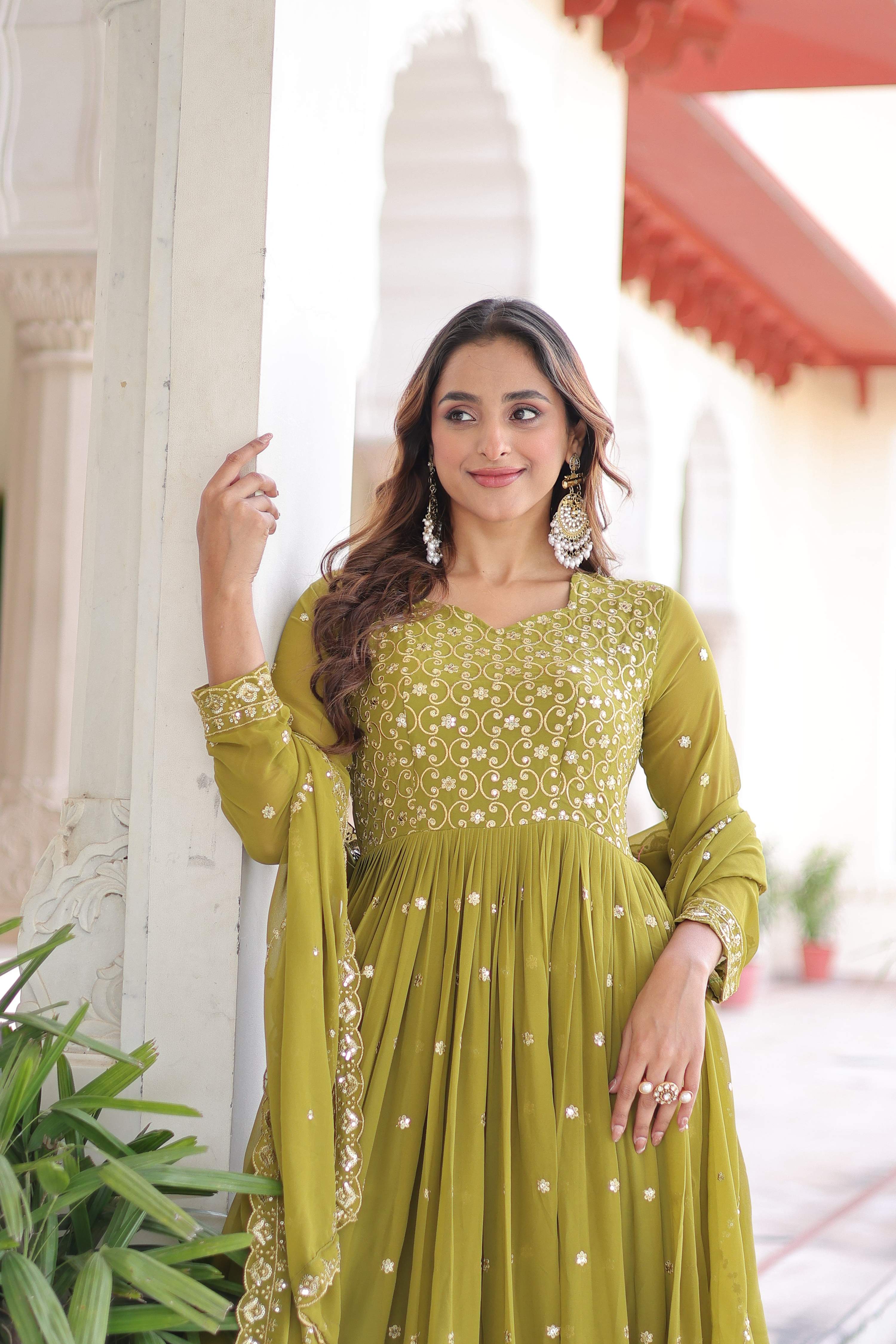 Vedant Vastram Georgette Embroidery & Sequence Work Stitched Ethnic Gown-Parrot Green - Distacart