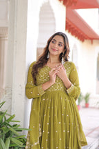 Vedant Vastram Georgette Embroidery & Sequence Work Stitched Ethnic Gown-Parrot Green - Distacart