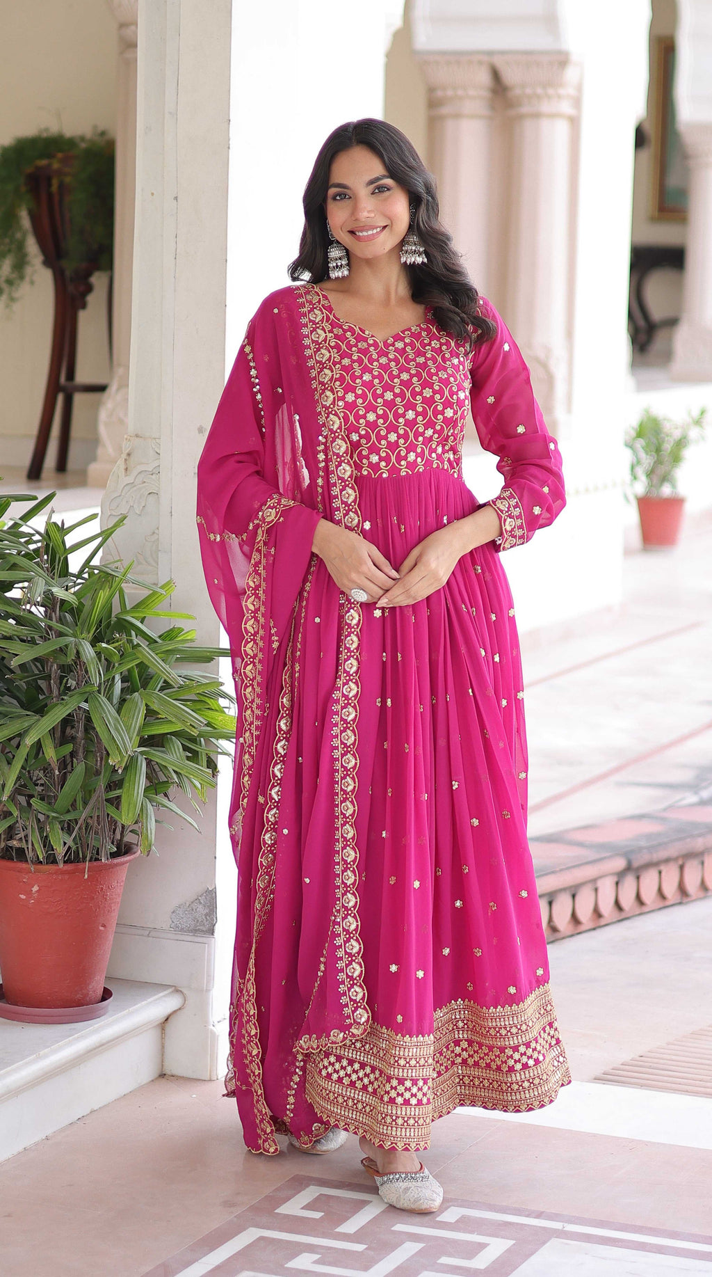 Vedant Vastram Georgette Embroidery & Sequence Work Stitched Ethnic Gown-Pink - Distacart