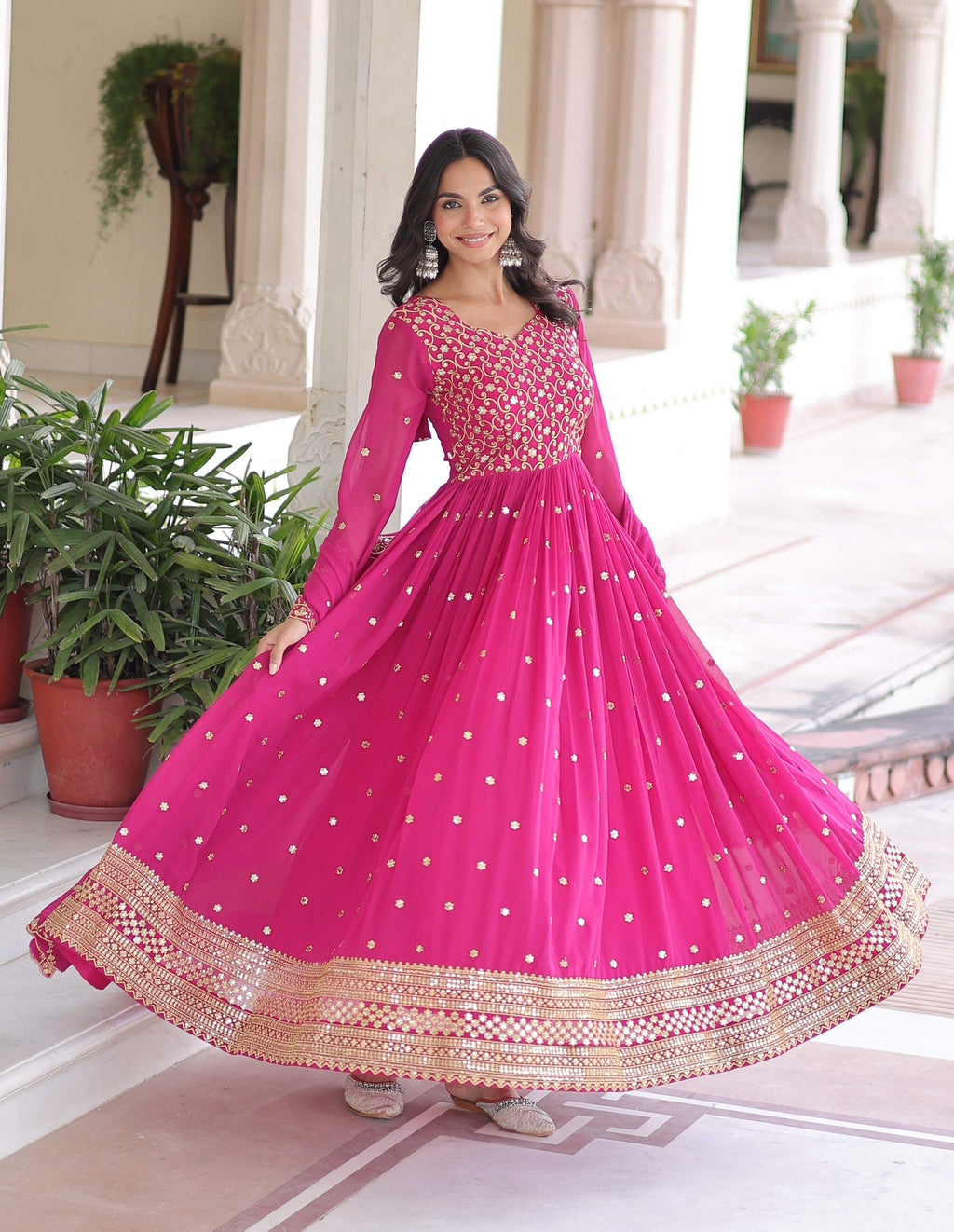 Vedant Vastram Georgette Embroidery & Sequence Work Stitched Ethnic Gown-Pink - Distacart
