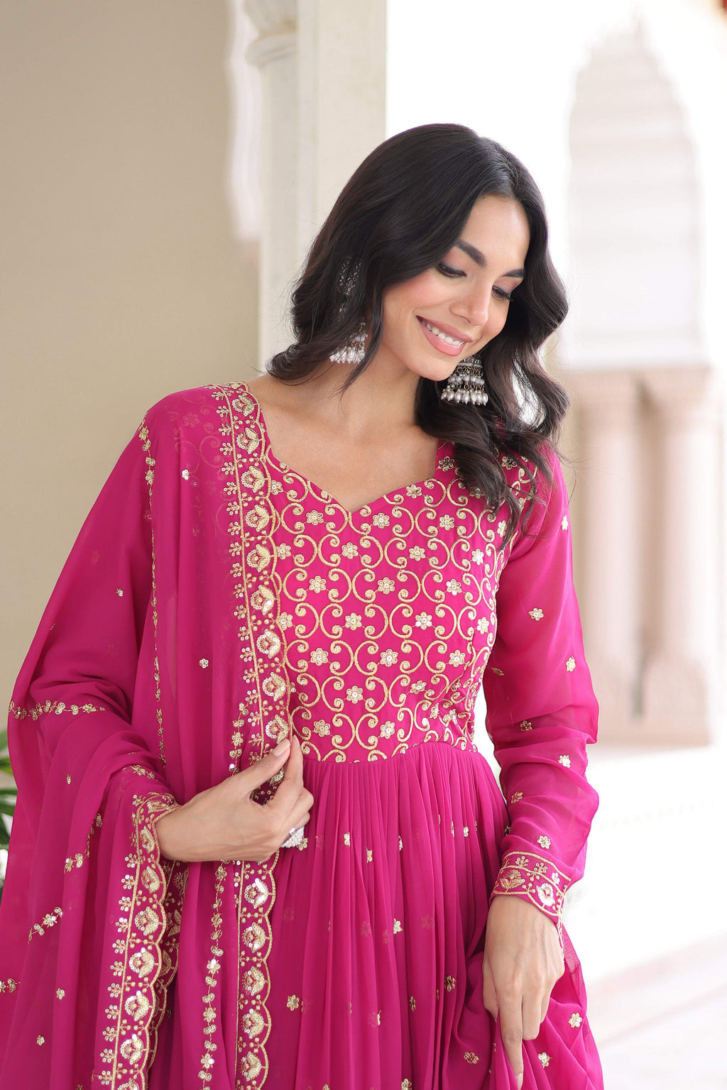 Vedant Vastram Georgette Embroidery & Sequence Work Stitched Ethnic Gown-Pink - Distacart
