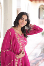 Vedant Vastram Georgette Embroidery & Sequence Work Stitched Ethnic Gown-Pink - Distacart