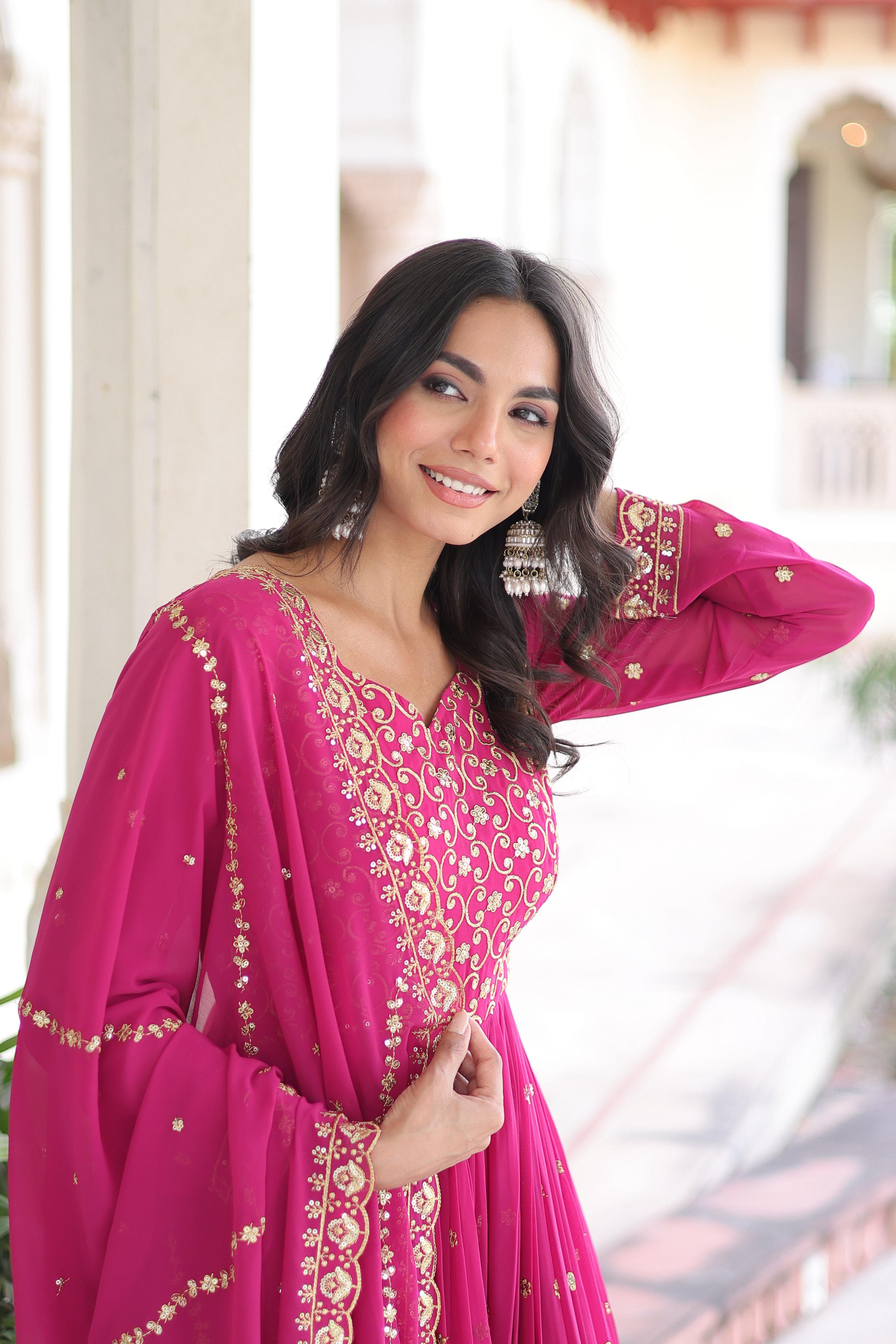 Vedant Vastram Georgette Embroidery & Sequence Work Stitched Ethnic Gown-Pink - Distacart
