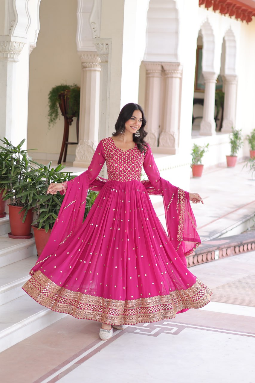 Lehenga Mart Premium Readymade Gown With Dupatta Set For Women-Rani Pink - Distacart