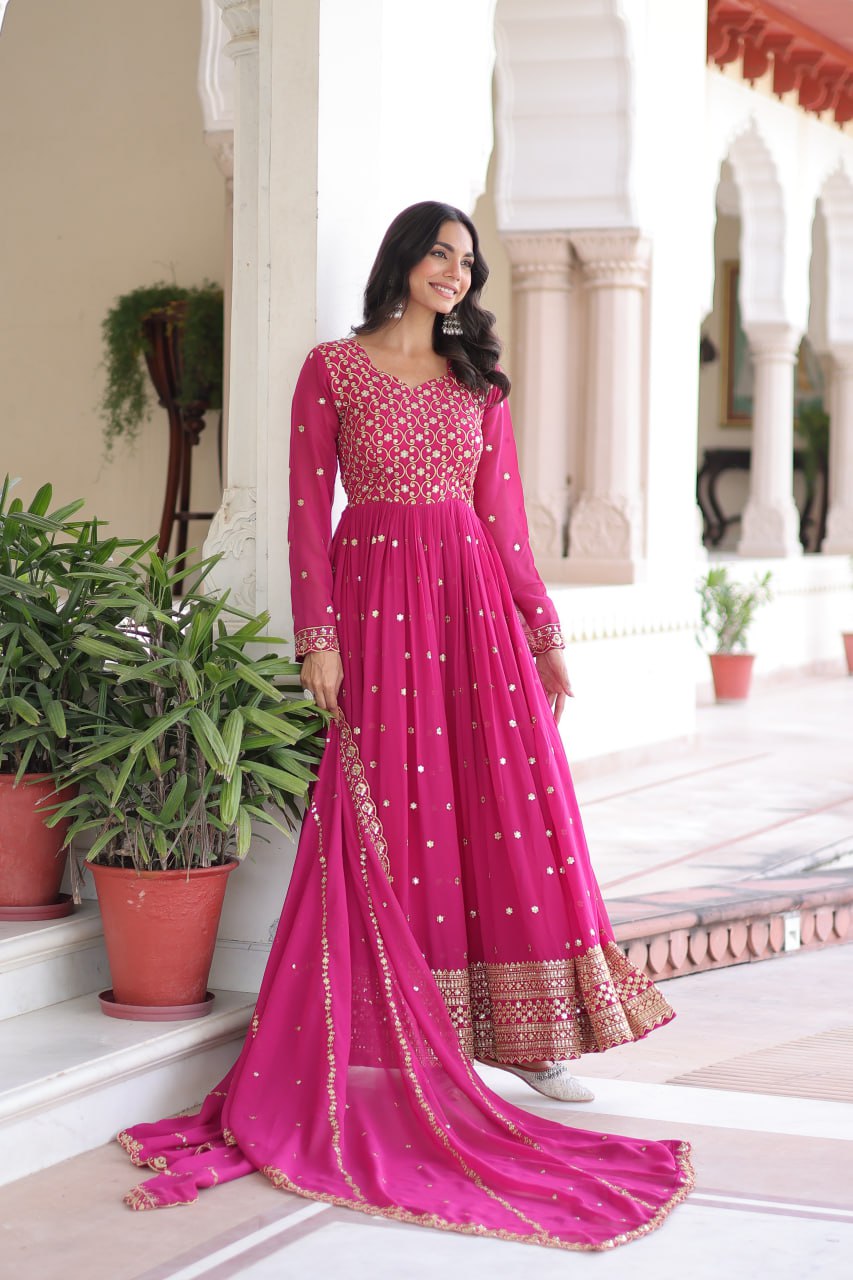 Lehenga Mart Premium Readymade Gown With Dupatta Set For Women-Rani Pink - Distacart