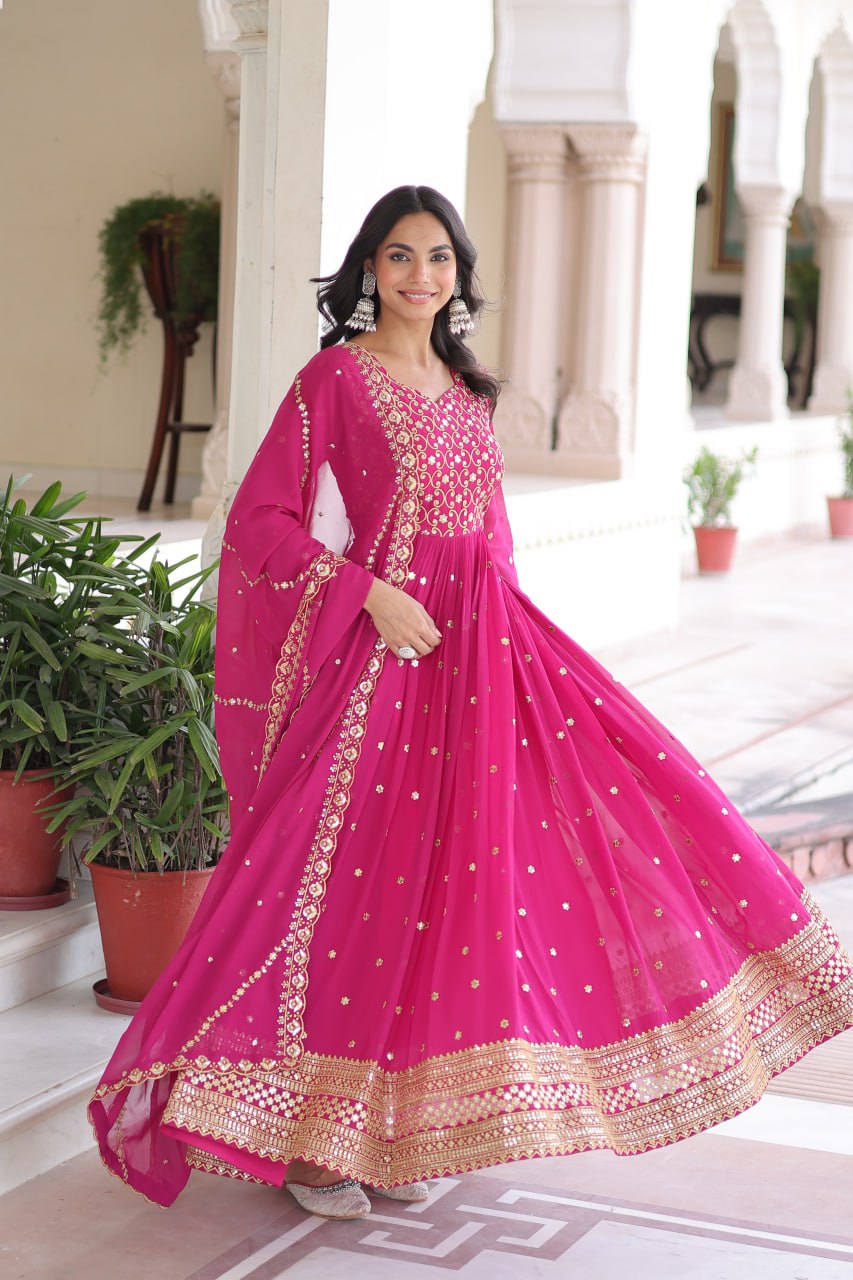 Lehenga Mart Premium Readymade Gown With Dupatta Set For Women-Rani Pink - Distacart