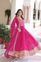 Lehenga Mart Premium Readymade Gown With Dupatta Set For Women-Rani Pink - Distacart