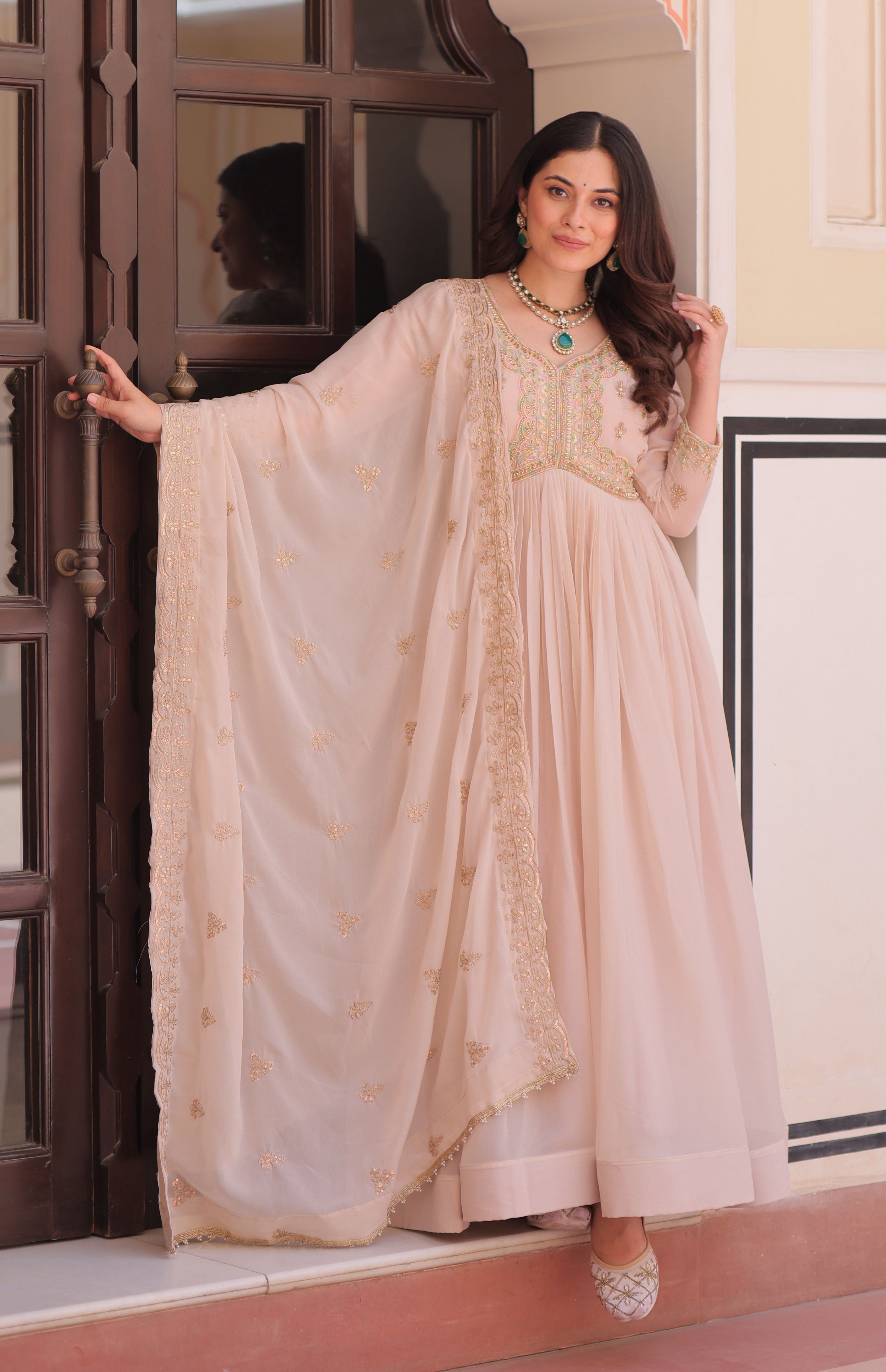 Vedant Vastram Georgette Embroidery & Sequence Work Stitched Ethnic Gown-Chiku - Distacart