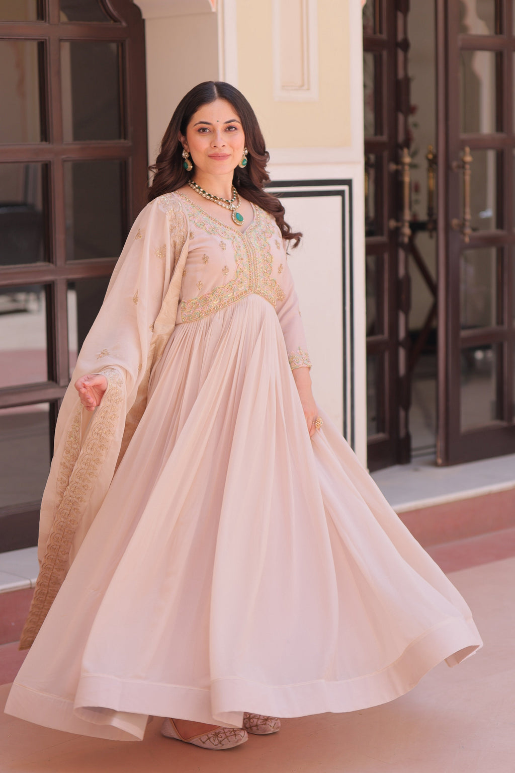 Vedant Vastram Georgette Embroidery & Sequence Work Stitched Ethnic Gown-Chiku - Distacart