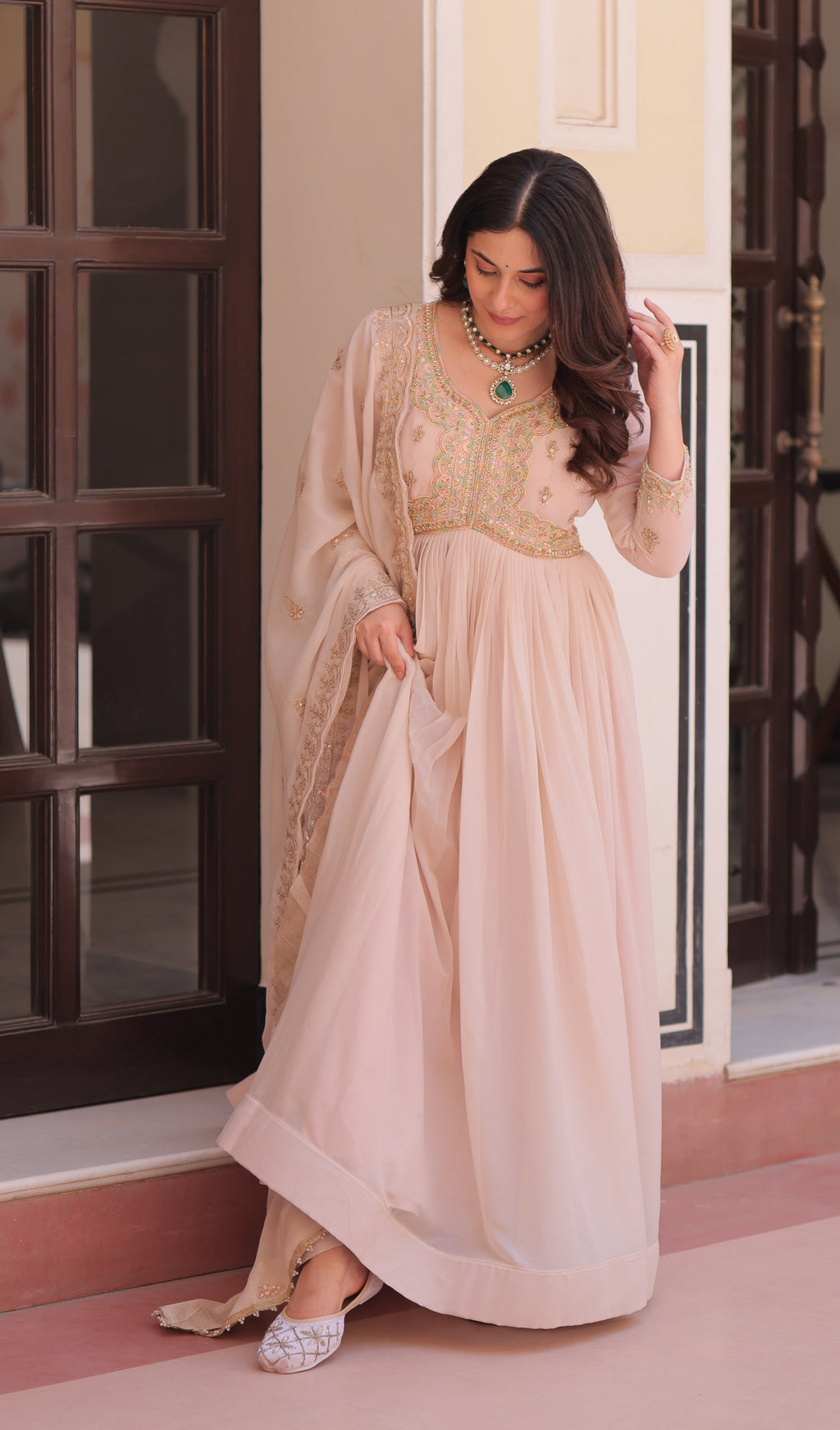 Vedant Vastram Georgette Embroidery & Sequence Work Stitched Ethnic Gown-Chiku - Distacart