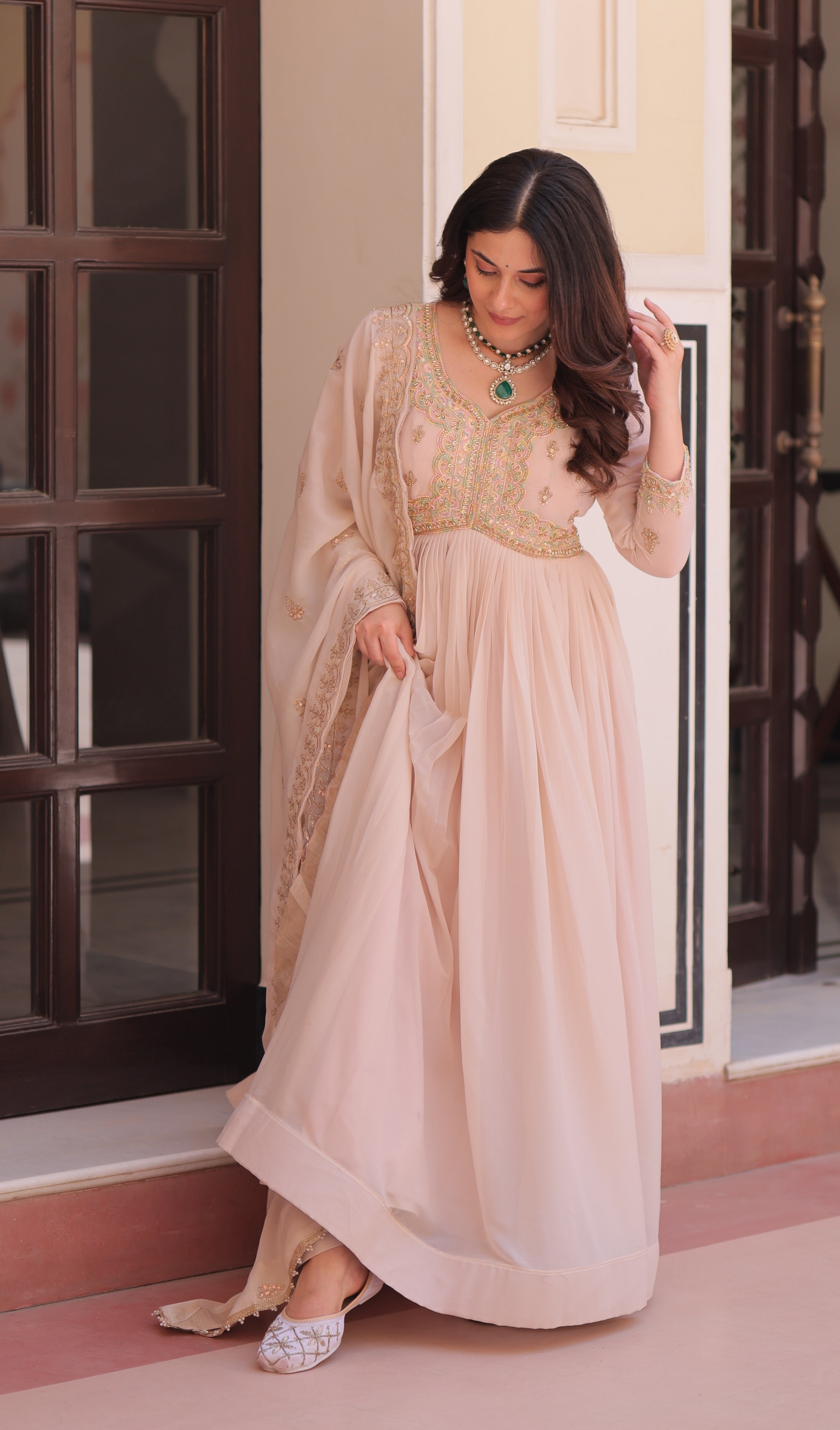 Vedant Vastram Georgette Embroidery & Sequence Work Stitched Ethnic Gown-Chiku - Distacart