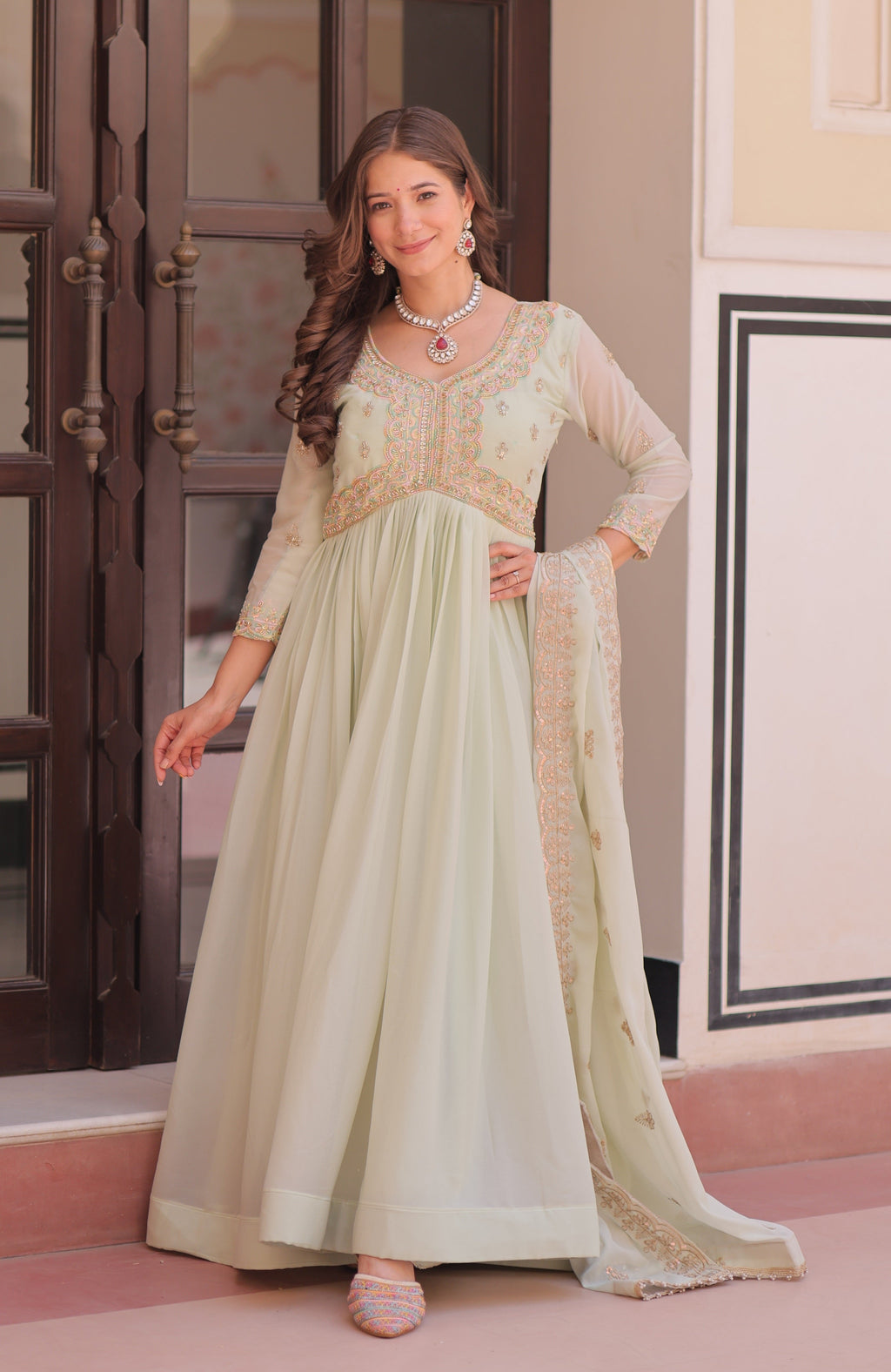 Vedant Vastram Georgette Embroidery & Sequence Work Stitched Ethnic Gown-Pista - Distacart