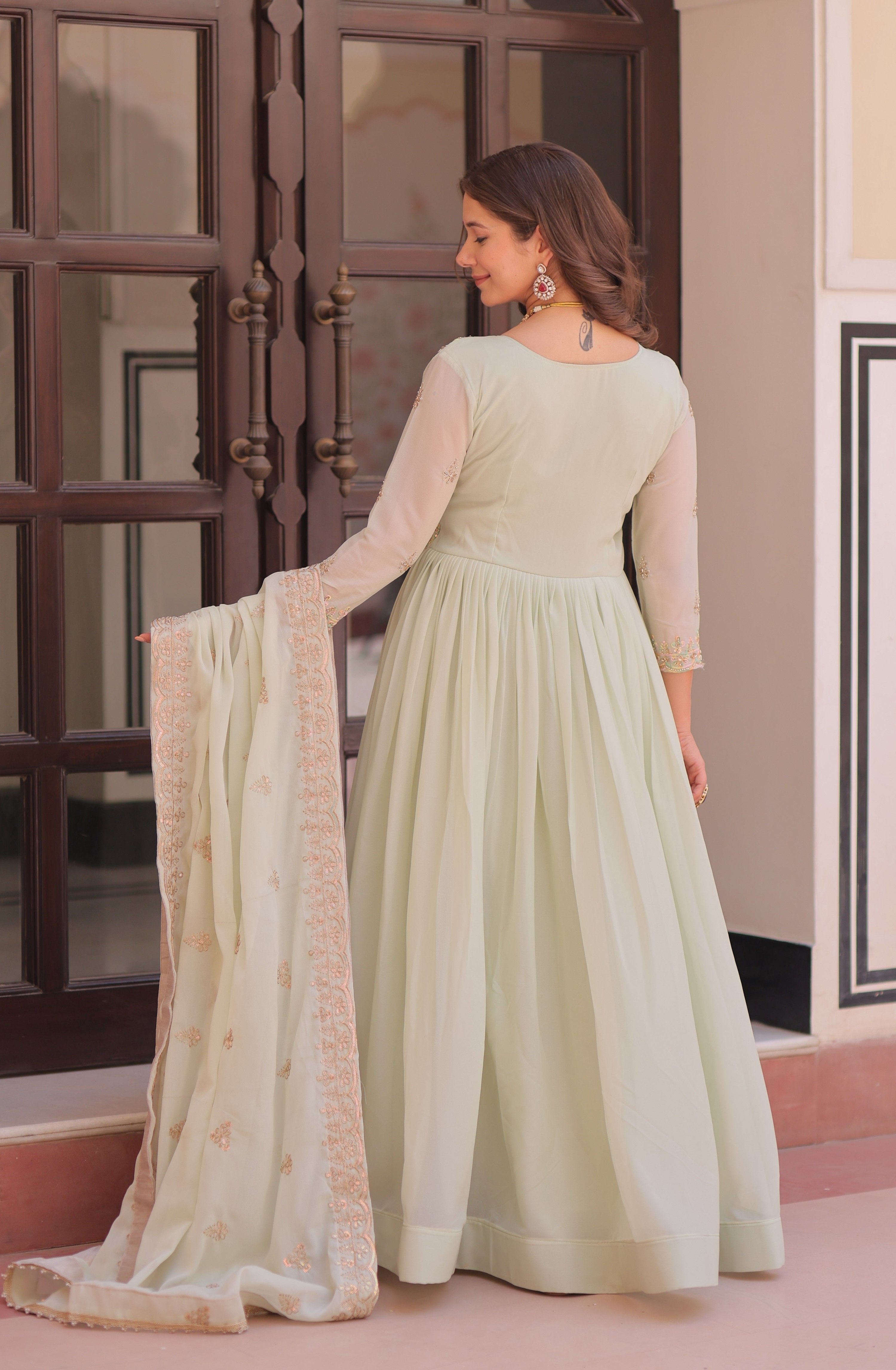 Vedant Vastram Georgette Embroidery & Sequence Work Stitched Ethnic Gown-Pista - Distacart