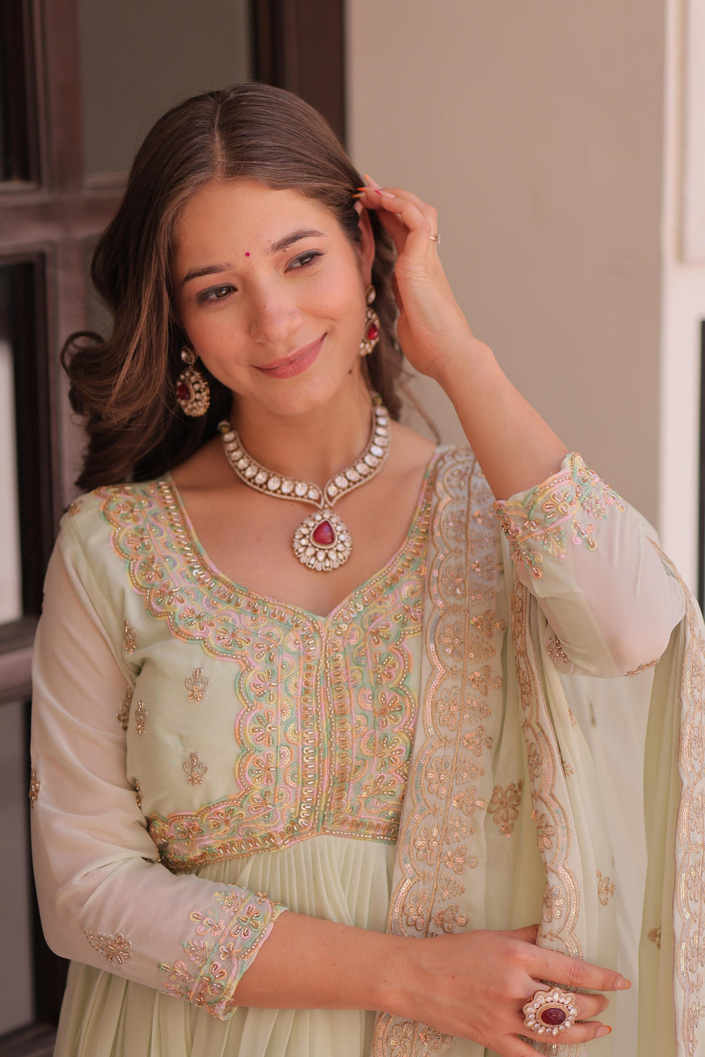 Vedant Vastram Georgette Embroidery & Sequence Work Stitched Ethnic Gown-Pista - Distacart