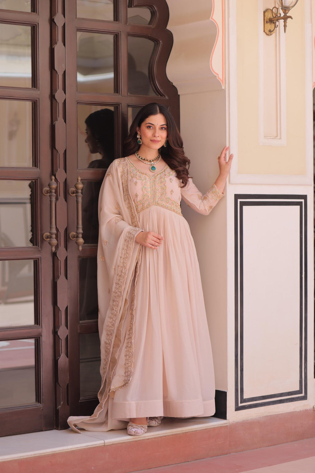 Prazu Fashion Cream Georgette With Beads & Sequins Embroidered Gown With Dupatta - Distacart