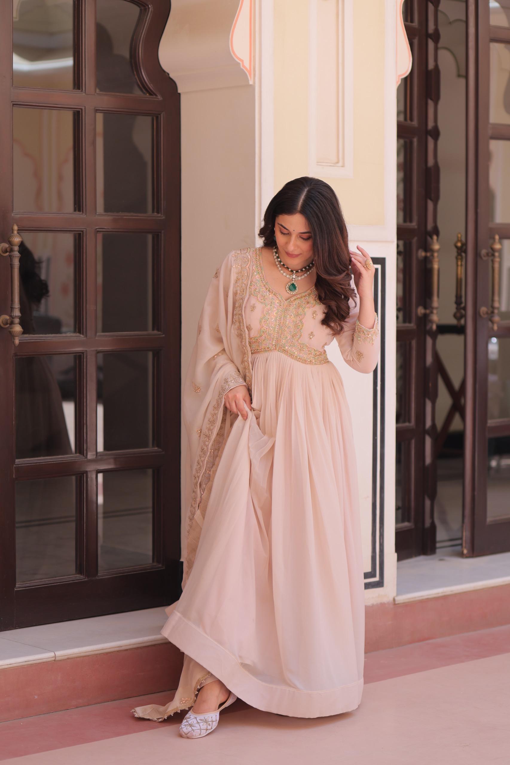 Prazu Fashion Cream Georgette With Beads & Sequins Embroidered Gown With Dupatta - Distacart