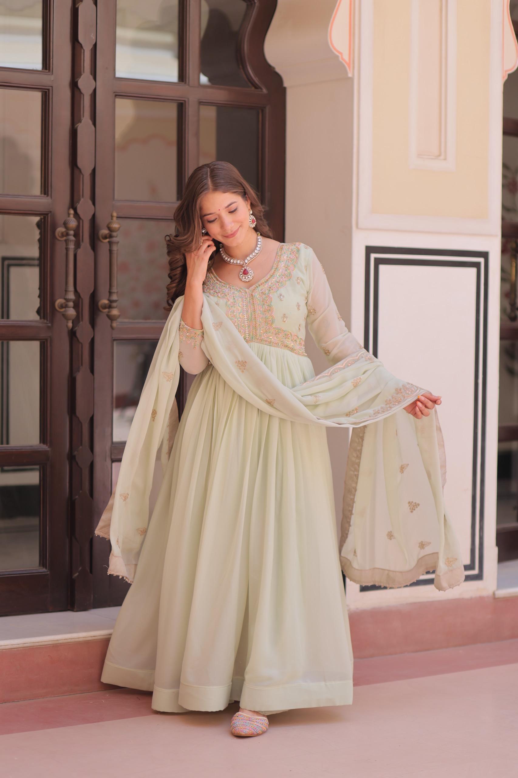Prazu Fashion Pista Georgette With Beads & Sequins Embroidered Gown With Dupatta - Distacart