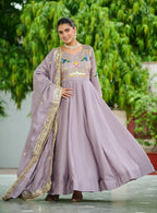 Vedant Vastram Vichitra Silk Embroidery & Sequence Work Stitched Ethnic Gown-Onion - Distacart