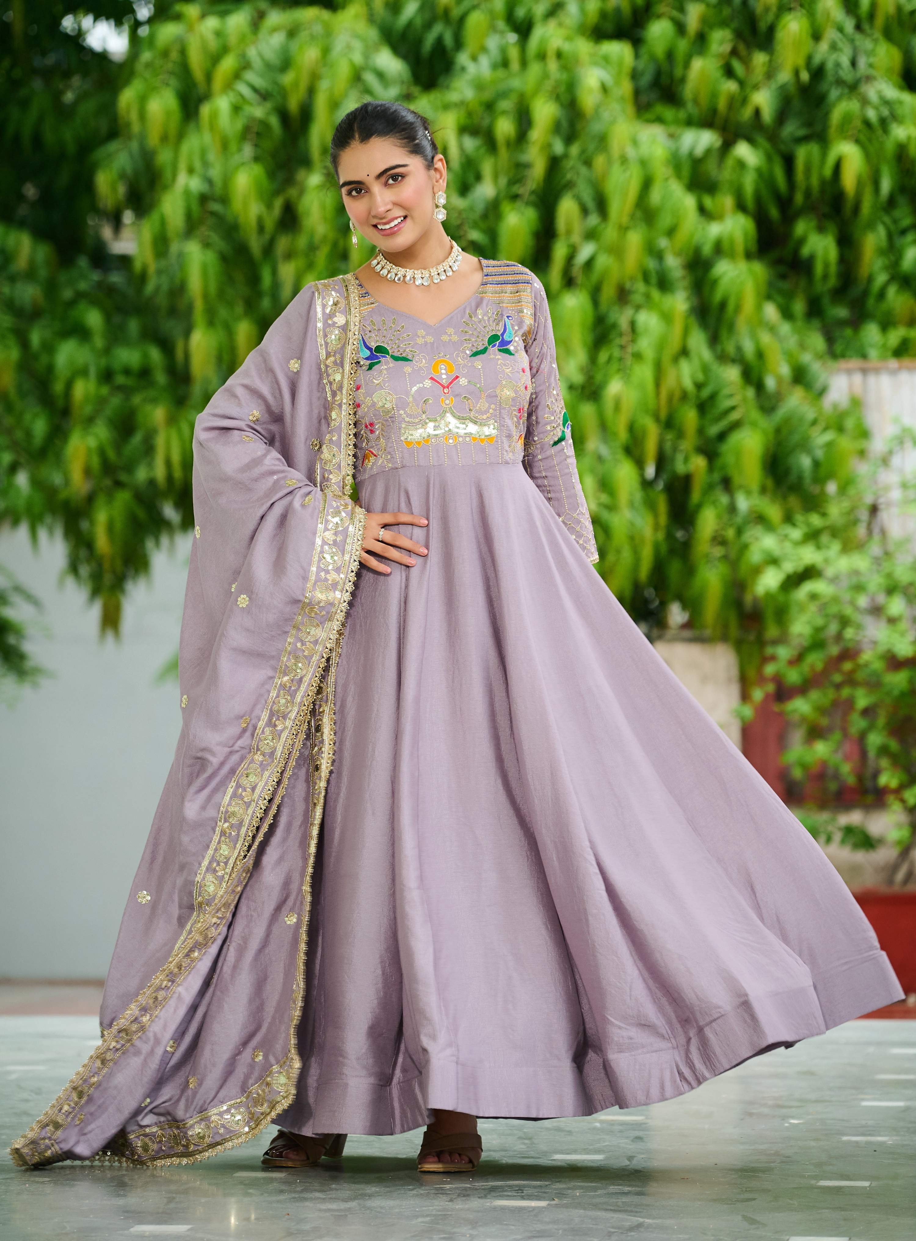 Vedant Vastram Vichitra Silk Embroidery & Sequence Work Stitched Ethnic Gown-Onion - Distacart