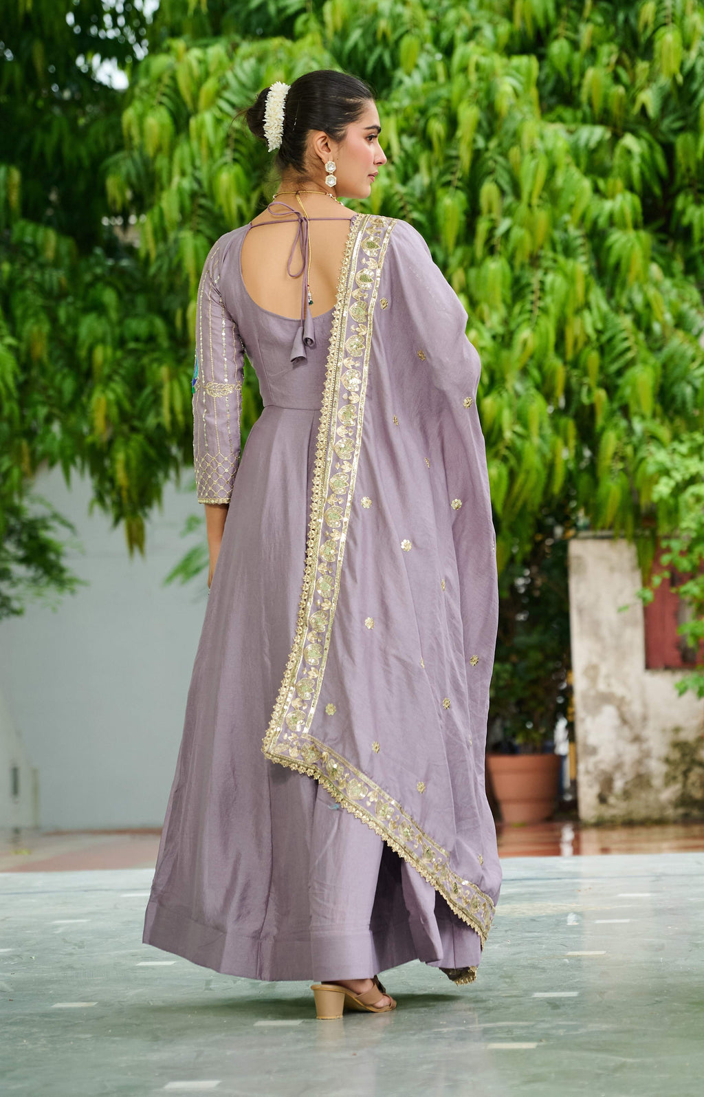 Vedant Vastram Vichitra Silk Embroidery & Sequence Work Stitched Ethnic Gown-Onion - Distacart