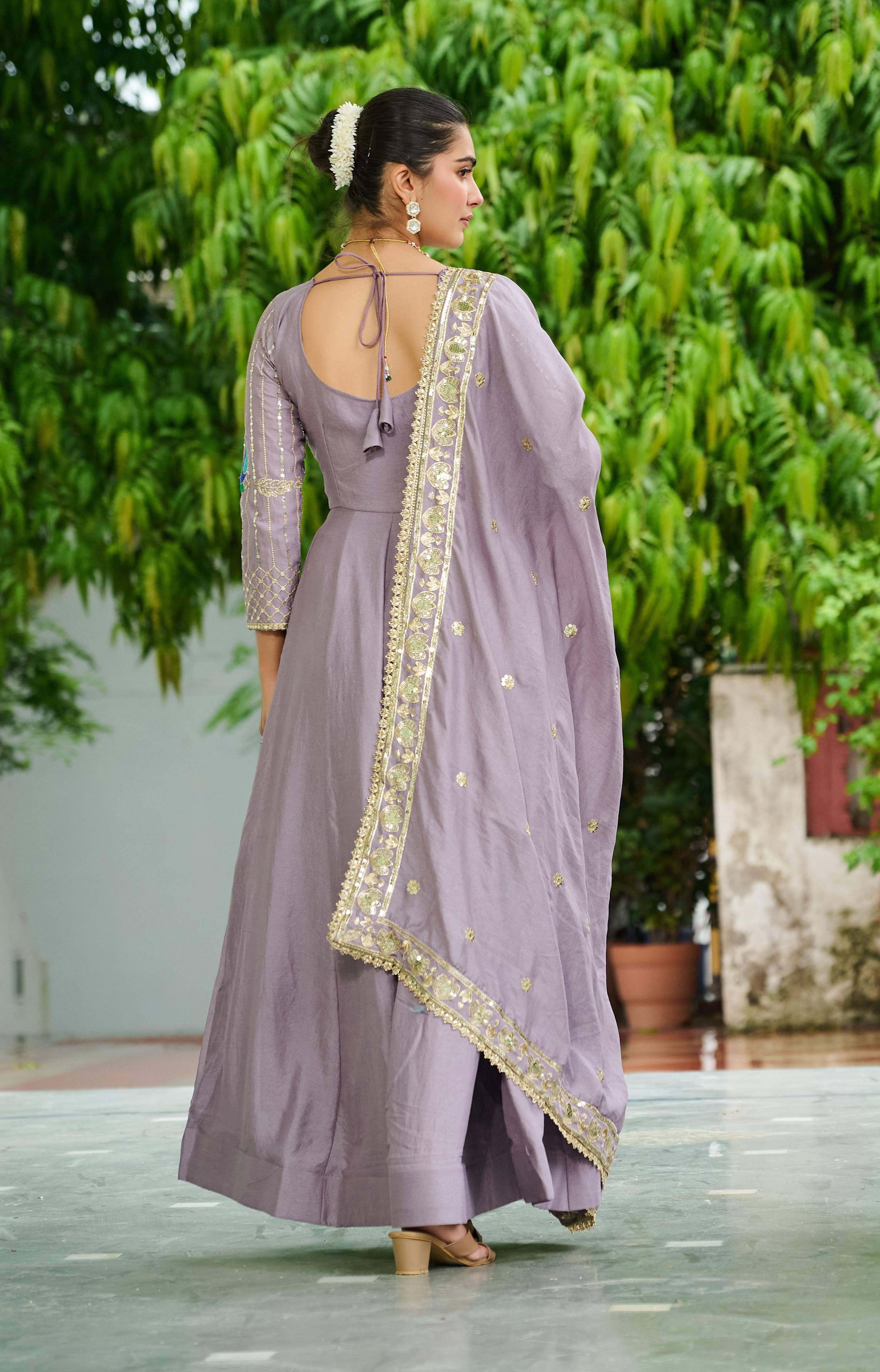 Vedant Vastram Vichitra Silk Embroidery & Sequence Work Stitched Ethnic Gown-Onion - Distacart